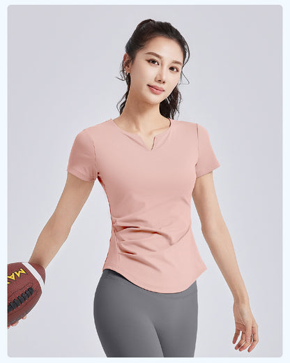 New Summer Women V-Neck Ruched Yoga Short Sleeve Top with Built-in Shelf Bra, Slim Fit Stretch Sports Fitness T-Shirt, Sweat-Wicking Athletic Tee for Running, Gym Training & Daily Active Wear