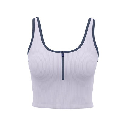 New Color-Block Zip-Up Striped Yoga Tank Top for Women, Slim Fit, Breathable, Built-in Fixed Chest Pad, Shock Absorption Sports Bra