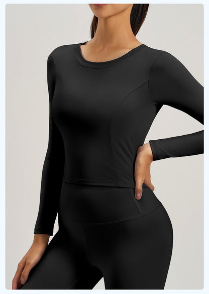 Women's New Ruched Slim Fit Long Sleeve Yoga Top, Beauty Back Design With Built-in Pads For Running Fitness