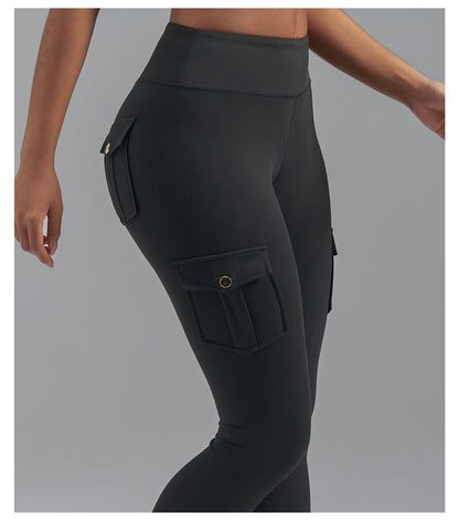 Brushed Cargo Pocket Yoga Pants, Women's Peach Hip Tight Quick Dry Butt Lifting Sports Fitness Leggings