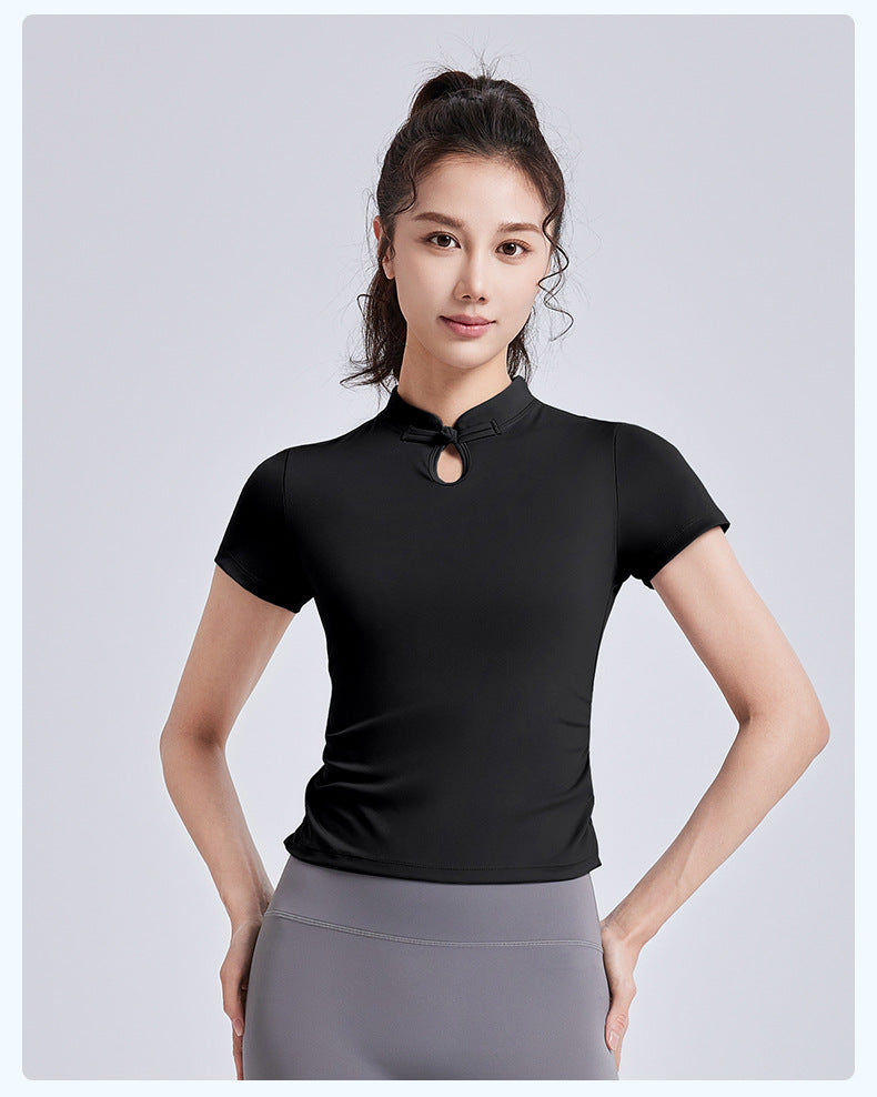 New Chinese Style Yoga Short Sleeve for Women, Frog Button Traditional Sports Top, Summer Chinese-Chic Yoga Wear
