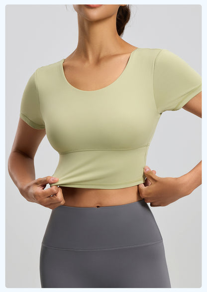 Women's Backless Beauty Yoga Short Sleeve, Naked Feel Slim Fit Sports Top with Built-in Pads, Stylish Workout Wear