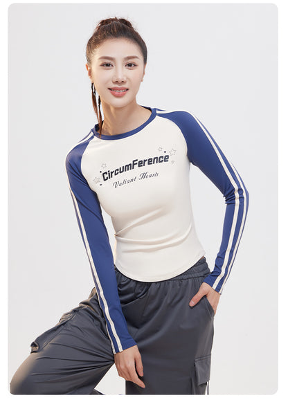 Women's Retro Crew Neck Long Sleeve Yoga Shirt, Letter Print Color Block Ribbon, High Stretch Slim Fit Top