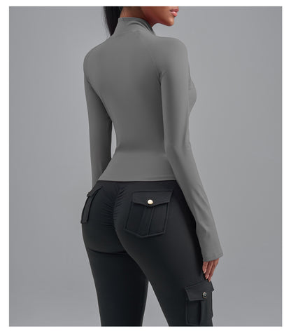 Plus Size Zip Up Sports Jacket, Stretch Slim Fit Yoga Top, Euro Size Figure-Flattering Long Sleeve Workout Coat for Women