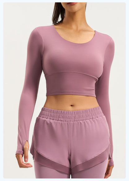 Women's Crisscross Beauty Back Long Sleeve Yoga Top, Built-in Bra, Slim Fit Sports Fitness Shirt