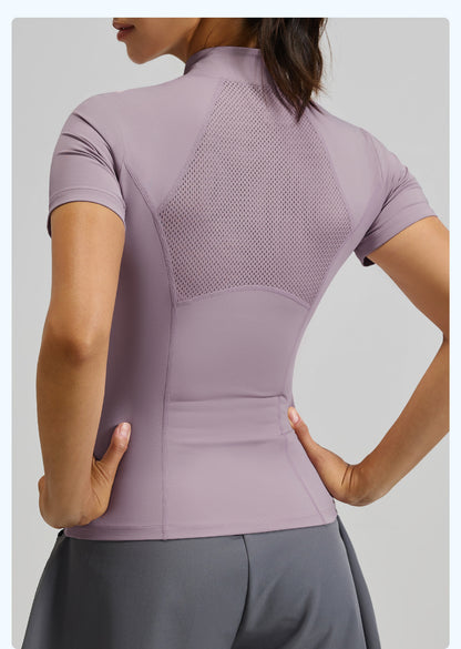 New Summer Women Half-Zip Yoga Short Sleeve T-Shirt, Slim Fit High-Stretch Breathable Fitness Athletic Top, Sweat-Wicking Sport Tee for Outdoor Running, Gym Training & Daily Workout