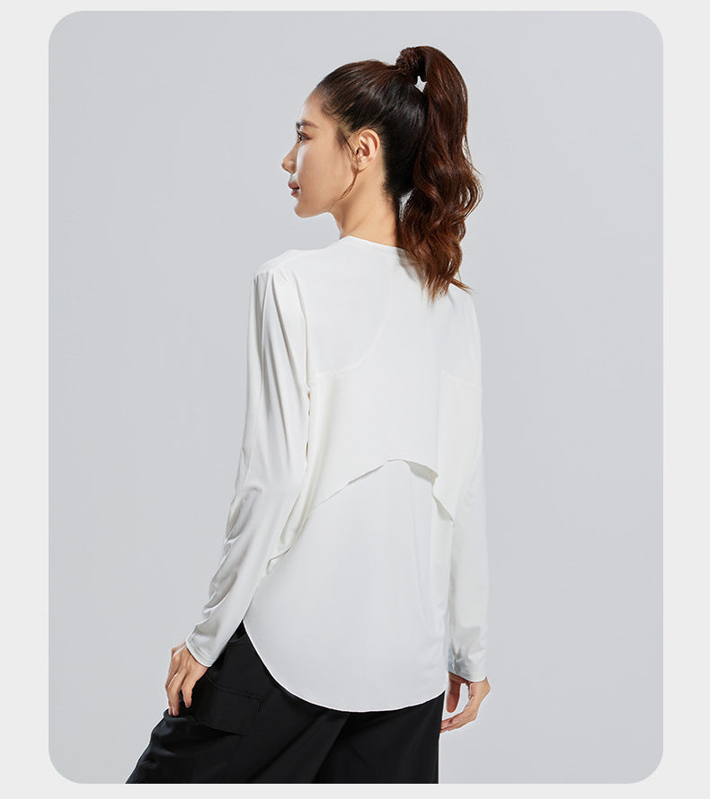 New Ice Silk Yoga Cover-Up, Round Neck, Loose Fit, Breathable & Versatile Long Sleeve Sports Yoga Shirt for Women