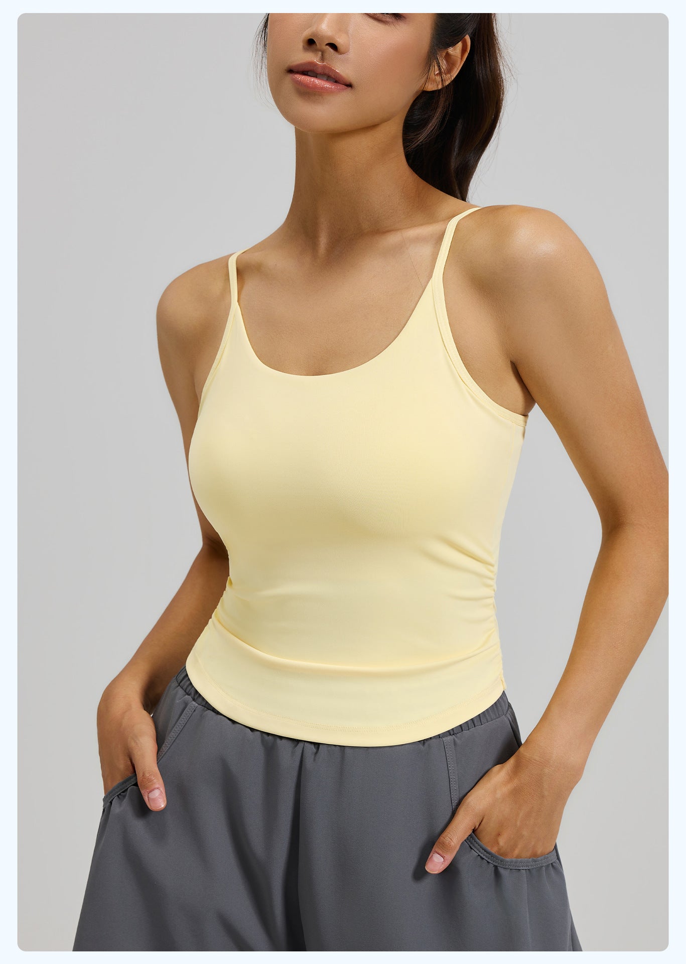Women’s Waist Cinched Ruched Yoga Tank Top, Integrated Fixed Cup Camisole Bra with Compression Contour Fit for Daily Fitness Training