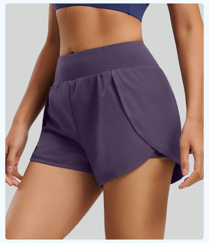 Women's Fake Two-Piece Sports Shorts, Breathable Anti-Exposure, Side Pockets, 3-Inch Running Fitness Yoga Shorts