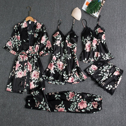 Girls' Battleship Spring/Summer sleepwear, Women's Sensual Five-Piece Silk Thin Nightgown with Padded Bra