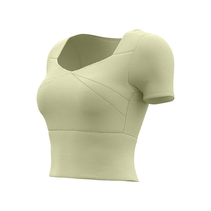 Women's Peach Splice Sports Short Sleeve, Built-in Bra High Elastic Slim Fit Yoga Running Top