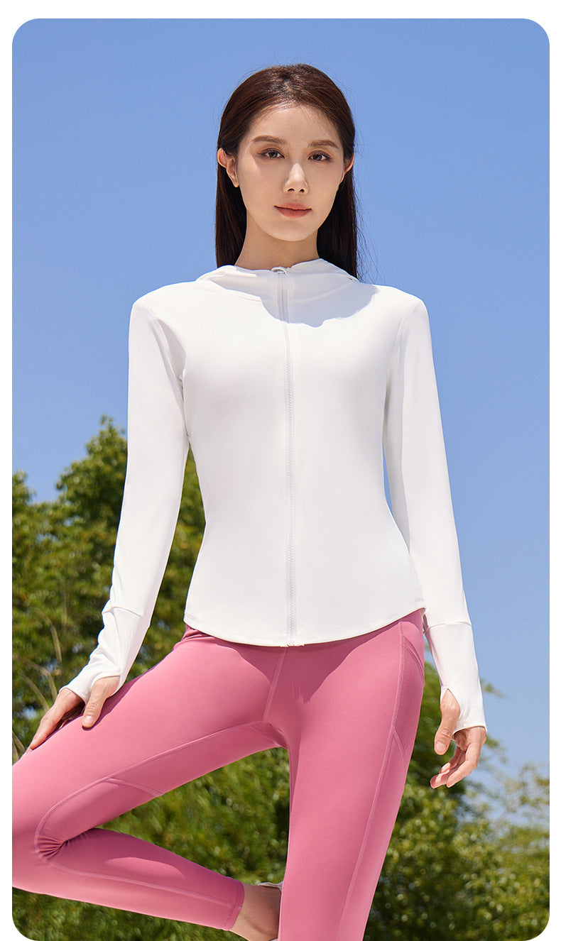 New Women’s Hooded Sports Jacket – Lightweight Breathable Long Sleeve Outdoor Yoga Coat for Cycling & Fitness