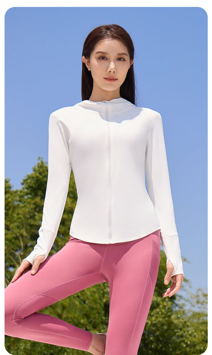 New Women’s Hooded Sports Jacket – Lightweight Breathable Long Sleeve Outdoor Yoga Coat for Cycling & Fitness