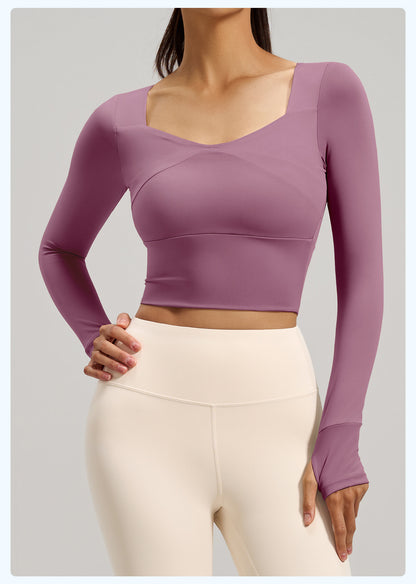 Women's Spliced Long Sleeve Yoga Top with Built-in Bra Pad, Breathable Slim Fit Sports Workout Shirt for Running Fitness