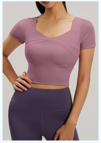 Women's Peach Splice Sports Short Sleeve, Built-in Bra High Elastic Slim Fit Yoga Running Top