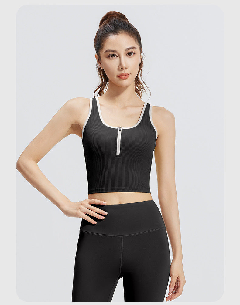 New Color-Block Zip-Up Striped Yoga Tank Top for Women, Slim Fit, Breathable, Built-in Fixed Chest Pad, Shock Absorption Sports Bra