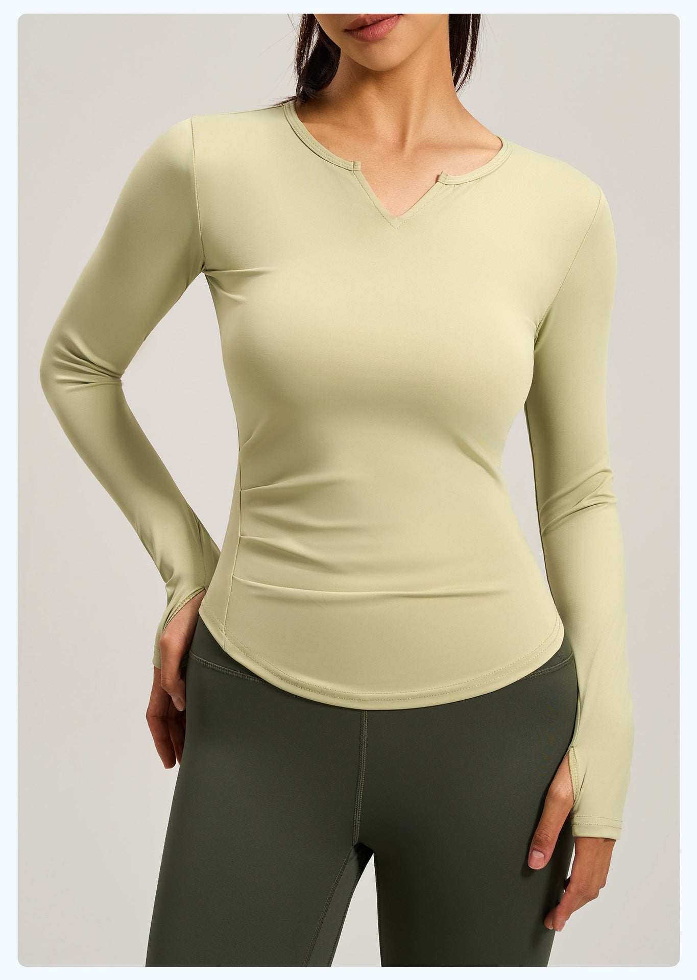 V-neck Long Sleeve Naked Feel Yoga Top, Ruched Waist Slim Fit Tight Sports Workout Shirt