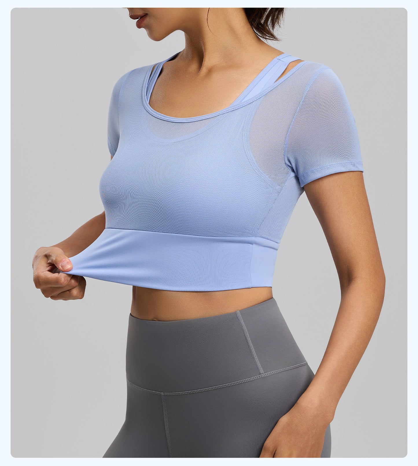 Women's Mesh Sports Short Sleeve with Built-in Bra Pad, Naked Feel, High Stretch, Summer Yoga & Running Top