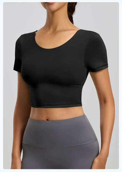 Women's Backless Beauty Yoga Short Sleeve, Naked Feel Slim Fit Sports Top with Built-in Pads, Stylish Workout Wear