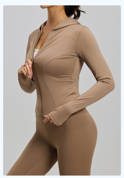 Women’s Slim Fit Hooded Yoga Jacket – Long Sleeve Sports Coat for Spring & Autumn, Running & Cycling