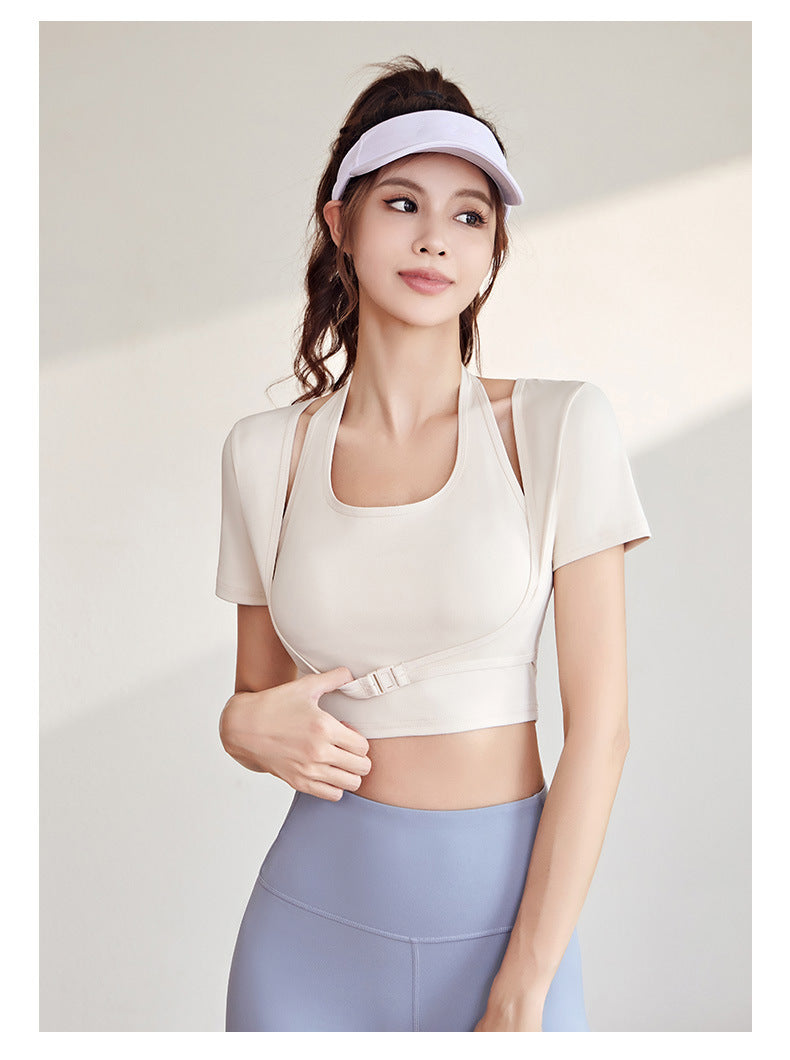 Women's Halter Neck Yoga Short Sleeve – Built-in Bra, Slim Fit Sports Top for Workout & Fitness