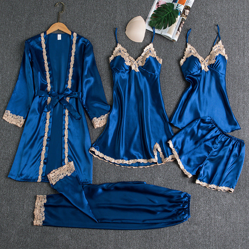 Girls' Battleship Spring/Summer sleepwear, Women's Sensual Five-Piece Silk Thin Nightgown with Padded Bra