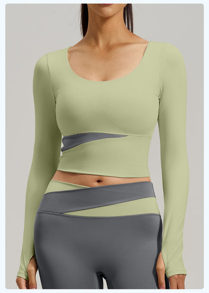 Women's Peach Color Block Long Sleeve Yoga Top, Naked Feel Slim Fit Sports Running Workout Shirt