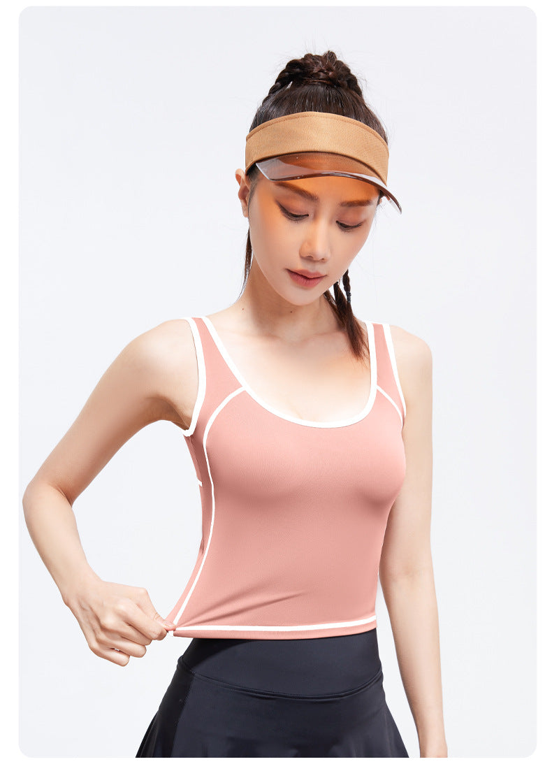 Peach Curve U-Neck Yoga Tank Top, High Stretch One-piece Fixed Cup Shockproof Push Up Color Block Sports Vest