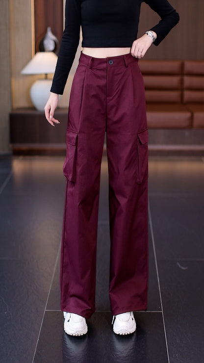 Women's multi-pocket cargo casual pants, spring and summer street style, loose pleated straight leg, versatile long pants, wide leg, casual and fashionable