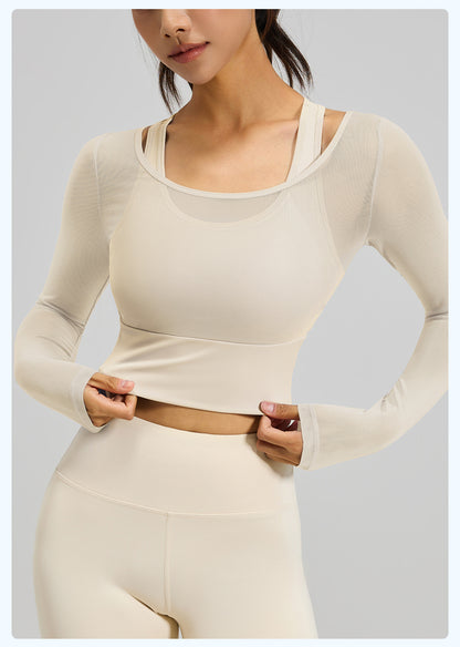 Women's Summer Long Sleeve Yoga Top, Mesh Fake Two-Piece Design, Slim Fit with Built-in Fixed Chest Pad, Workout & Fitness Shirt