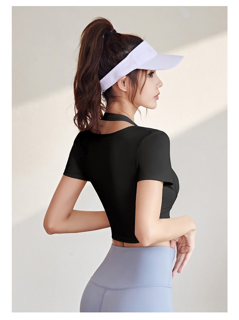 Women's Halter Neck Yoga Short Sleeve – Built-in Bra, Slim Fit Sports Top for Workout & Fitness