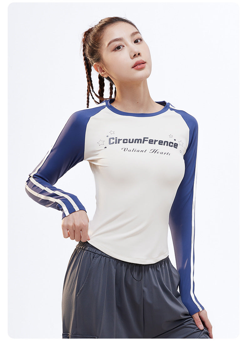 Women's Retro Crew Neck Long Sleeve Yoga Shirt, Letter Print Color Block Ribbon, High Stretch Slim Fit Top