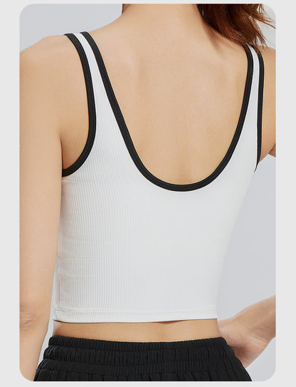 New Color-Block Zip-Up Striped Yoga Tank Top for Women, Slim Fit, Breathable, Built-in Fixed Chest Pad, Shock Absorption Sports Bra