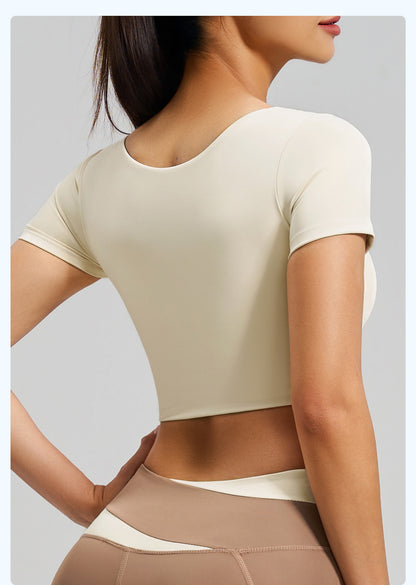 Women's Color Block Yoga Short Sleeve, Slim Fit Workout Top with Built-in Bra