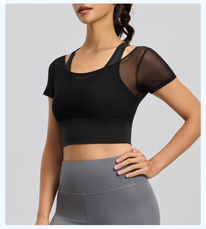 Women's Mesh Sports Short Sleeve with Built-in Bra Pad, Naked Feel, High Stretch, Summer Yoga & Running Top