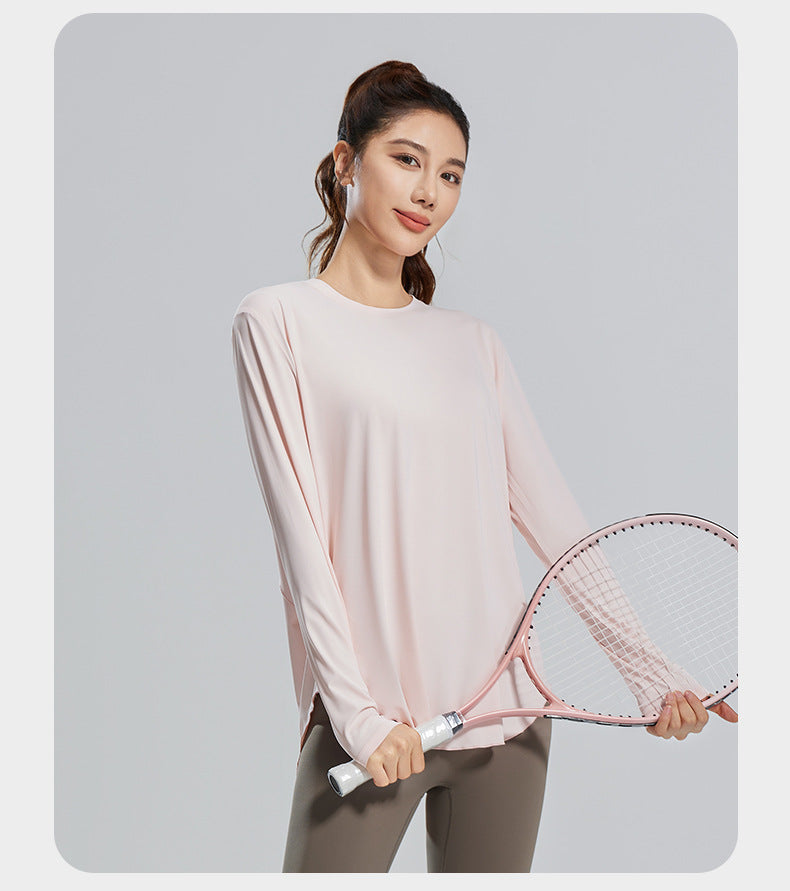 New Ice Silk Yoga Cover-Up, Round Neck, Loose Fit, Breathable & Versatile Long Sleeve Sports Yoga Shirt for Women