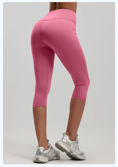 Women's High Waist 7/8 Fitness Pants, Elastic Hip Lifting Yoga Capris, Peach Butt Tight Sports Leggings