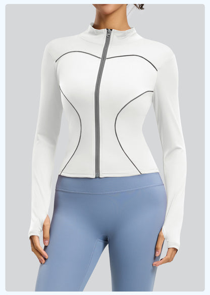 Women's Slim Fit Stand Collar Yoga Jacket, Peach Hip Design, Reflective Detail, Stylish Outdoor Fitness Coat