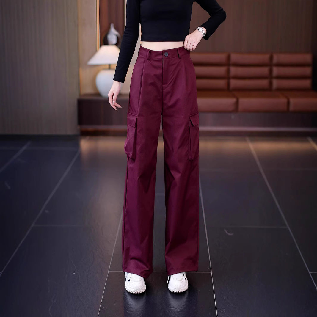 Women's multi-pocket cargo casual pants, spring and summer street style, loose pleated straight leg, versatile long pants, wide leg, casual and fashionable