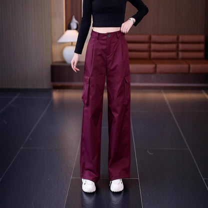Women's multi-pocket cargo casual pants, spring and summer street style, loose pleated straight leg, versatile long pants, wide leg, casual and fashionable