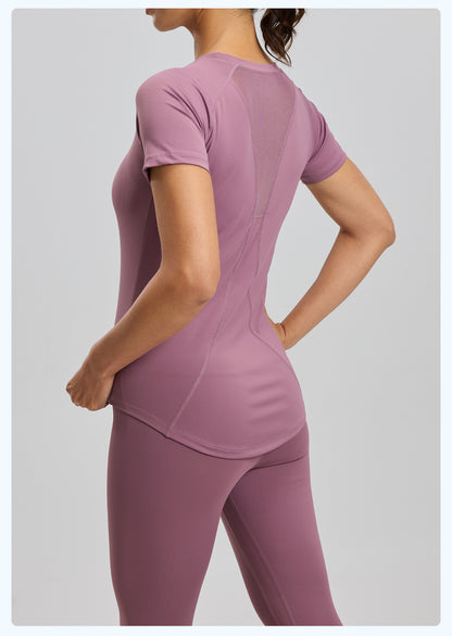 Women's Mesh Yoga Short Sleeve T-Shirt, Breathable Lightweight Fitness Athletic Top, Bust Enhancing & Body Shaping Stretch Sports Tee for Gym, Running & Daily Workout