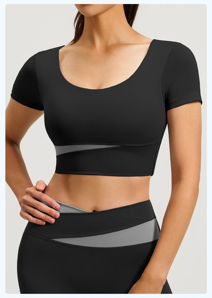 Women's Color Block Yoga Short Sleeve, Slim Fit Workout Top with Built-in Bra