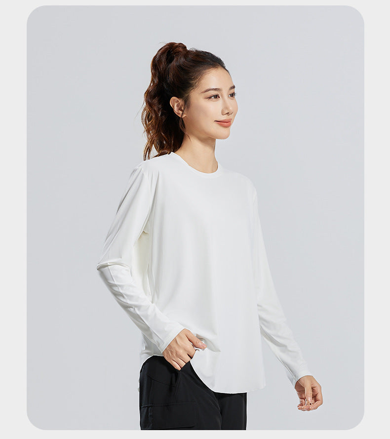 New Ice Silk Yoga Cover-Up, Round Neck, Loose Fit, Breathable & Versatile Long Sleeve Sports Yoga Shirt for Women