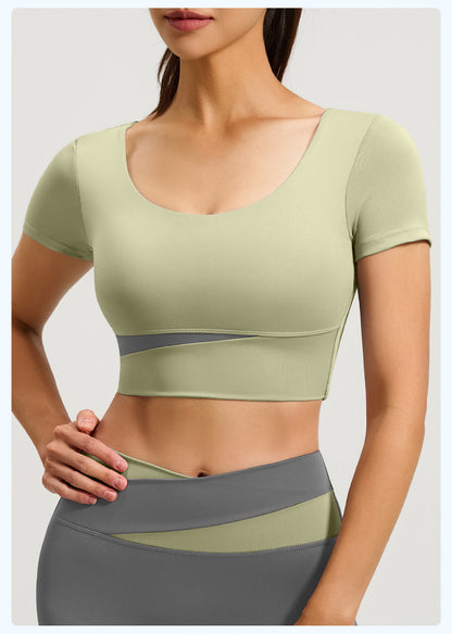 Women's Color Block Yoga Short Sleeve, Slim Fit Workout Top with Built-in Bra