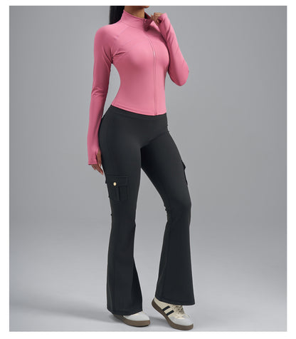 Plus Size Zip Up Sports Jacket, Stretch Slim Fit Yoga Top, Euro Size Figure-Flattering Long Sleeve Workout Coat for Women