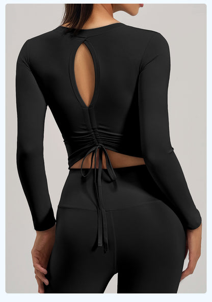 Women's New Ruched Slim Fit Long Sleeve Yoga Top, Beauty Back Design With Built-in Pads For Running Fitness