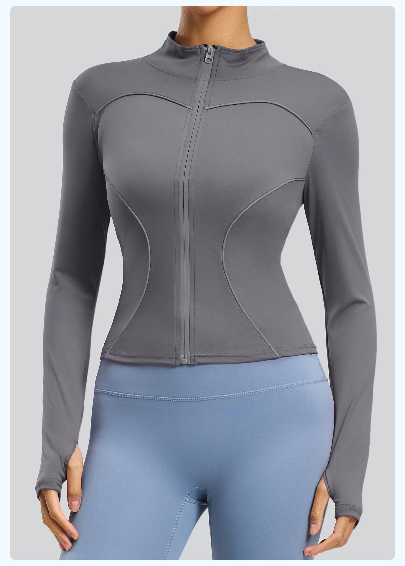 Women's Slim Fit Stand Collar Yoga Jacket, Peach Hip Design, Reflective Detail, Stylish Outdoor Fitness Coat