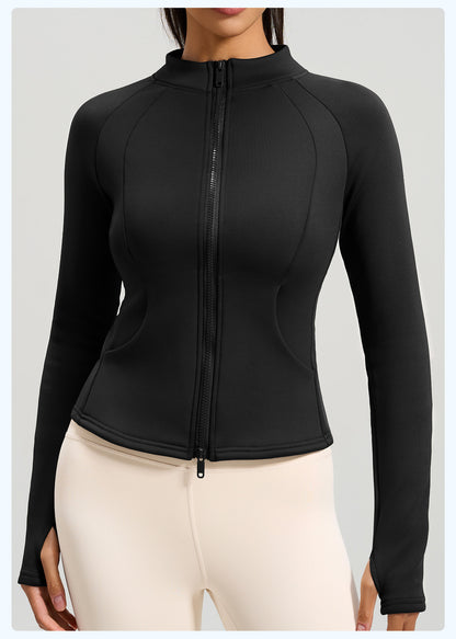 Peach Velvet Stand Collar Coat, Autumn Winter New Arrival, Fleece Lined Thickened Warm Yoga Jacket with Pockets