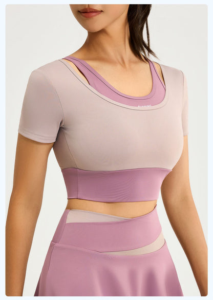 Women's Color Block Fake Two-Piece Yoga Short Sleeve, Breathable Shockproof Sports Top with Built-in Bra Pad, Fitness Workout Training Shirt
