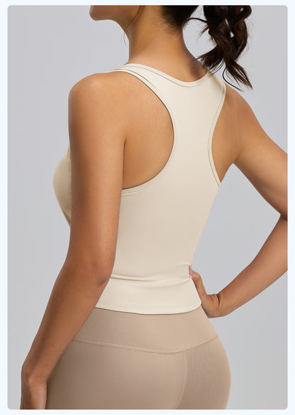 Peach Hip Yoga Tank Top, One-piece Fixed Cup Crew Neck Slim Anti-chafing Sports Vest